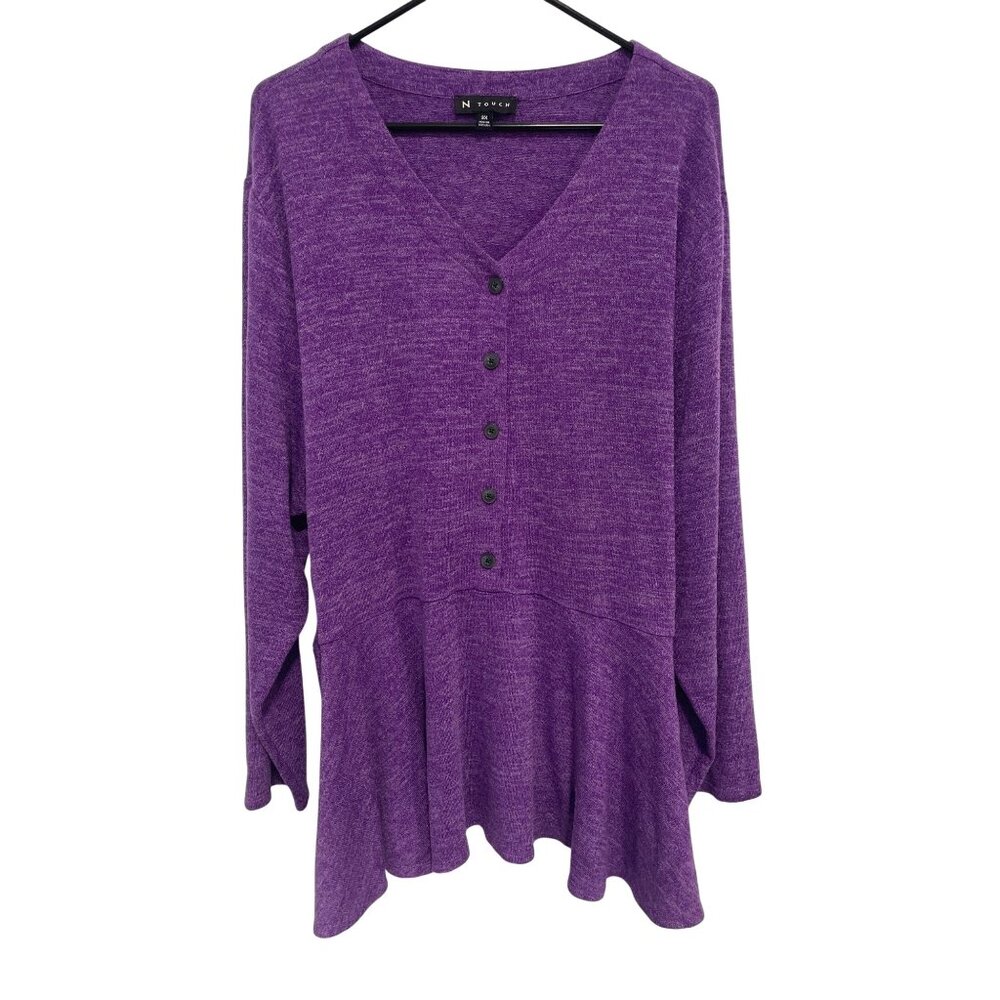 N Touch Tunic Top Plus Size 3X V Neck Button Up Long Sleeve Peplum Purple Cozy
